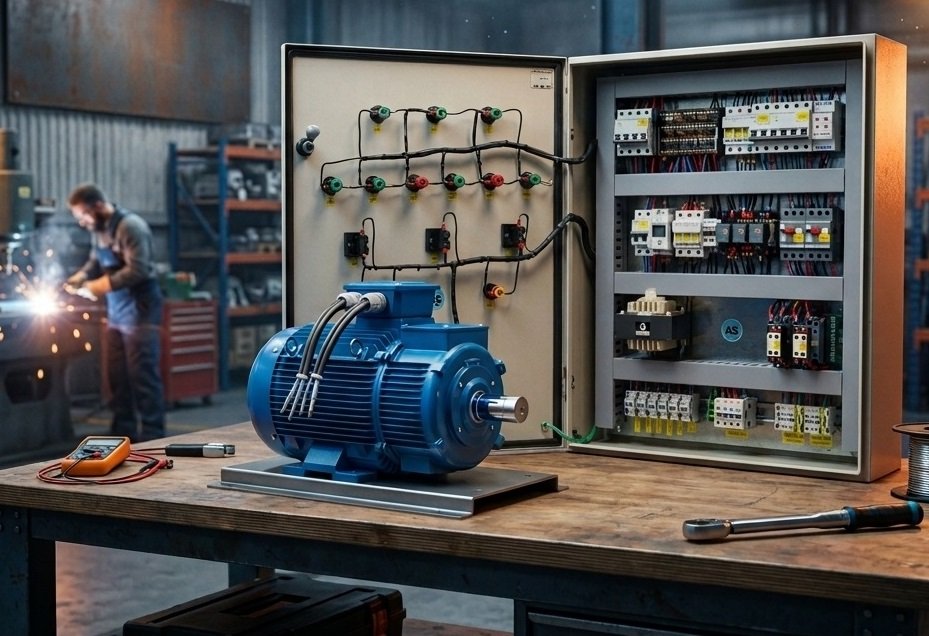 Motor eléctrico y tablero abierto